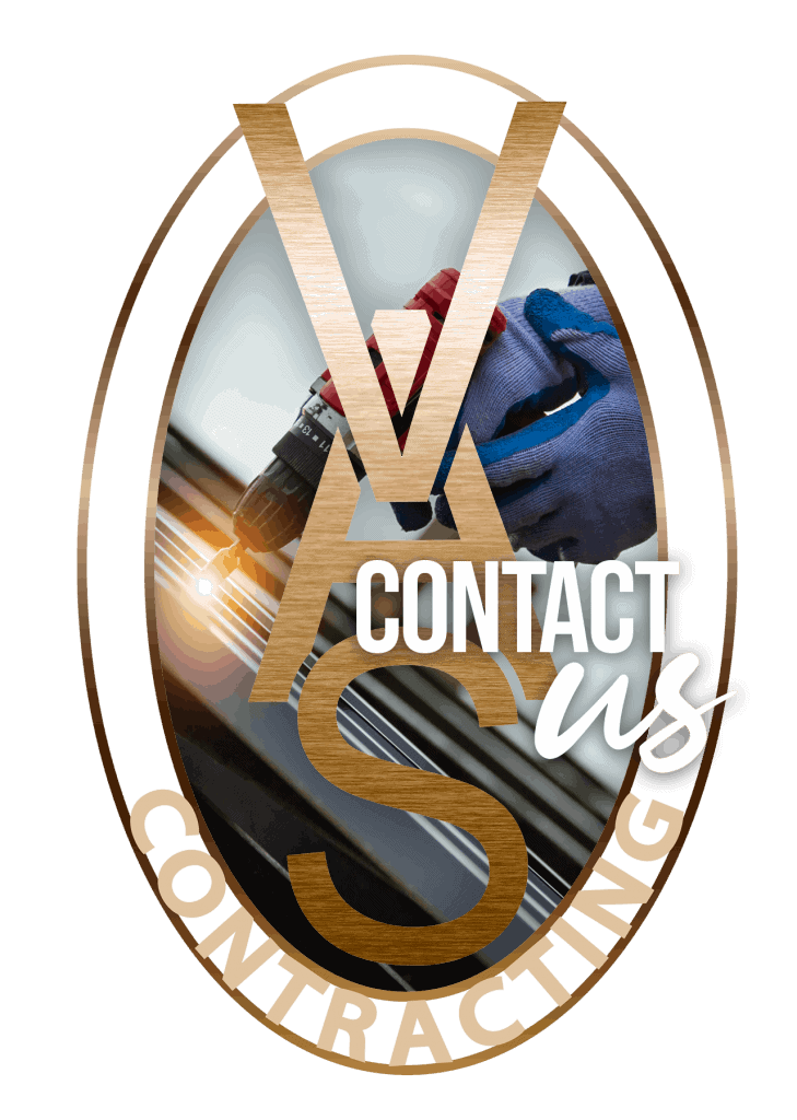 contractor with blue gloves using a red drill with the vas contracting logo